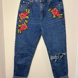 Pull&Bear Blue Jeans with Red Floral Embroidery